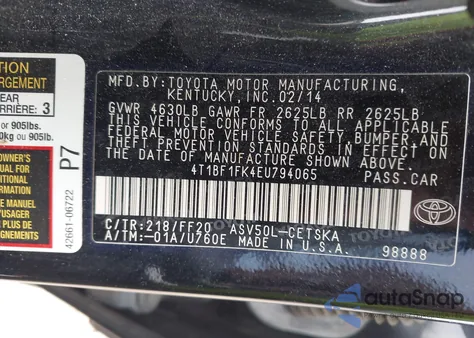 2014 Toyota Camry Se from USA, damaged, VIN 4T1BF1FK4EU794065